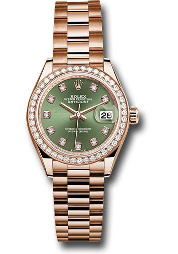 Rolex Everose Gold Lady-Datejust Watch - Diamond Bezel - Olive Green Diamond 6 Dial - President Bracelet - 279135rbr ogdp