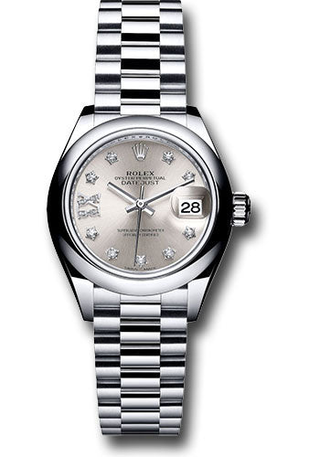 Rolex Platinum Lady-Datejust 28 Watch - Domed Bezel - Silver Diamond Star Dial - President Bracelet - 279166 s9dix8dp