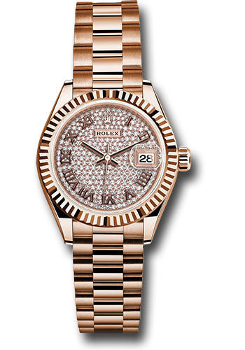 Rolex Everose Gold Lady-Datejust Watch - Fluted Bezel - Diamond-Paved Diamond Roman Dial - President Bracelet - 279175 dprp