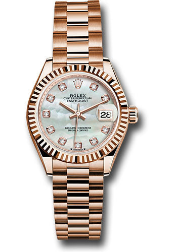 Rolex Everose Gold Lady-Datejust Watch - Fluted Bezel - White Mother-Of-Pearl Diamond Dial - President Bracelet - 279175 mdp