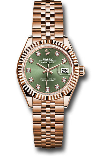 Rolex Everose Gold Lady-Datejust 28 Watch - Fluted Bezel - Olive Green Diamond Dial - Jubilee Bracelet - 279175 ogdj