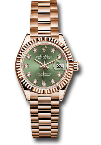 Rolex Everose Gold Lady-Datejust 28 Watch - Fluted Bezel - Olive Green Diamond Dial - President Bracelet - 279175 ogdp