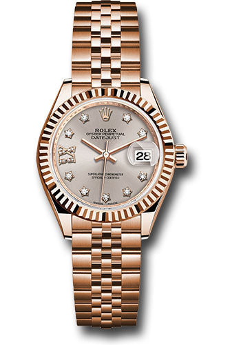 Rolex Everose Gold Lady-Datejust 28 Watch - Fluted Bezel - Silver Sundust Diamond Star Dial - Jubilee Bracelet - 279175 s9dix8dj