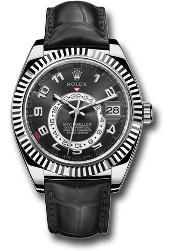 Rolex White Gold Sky-Dweller Watch - Black Arabic Dial - Black Leather Strap - 326139 bk