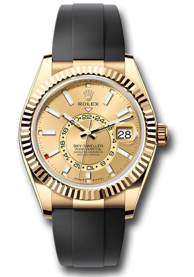 Rolex Yellow Gold Sky-Dweller Watch - Fluted Ring Command Bezel - Champagne Index Dial - Oysterflex Strap - 336238 chiof