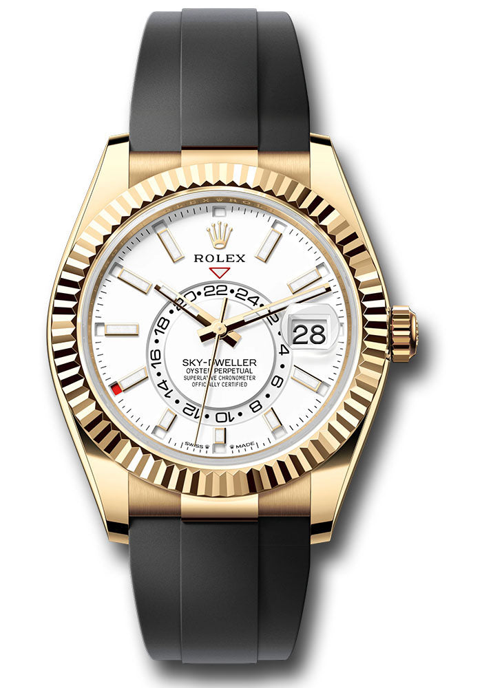 Rolex Yellow Gold Sky-Dweller Watch - Fluted Ring Command Bezel - White Index Dial - Oysterflex Strap - 336238 wiof