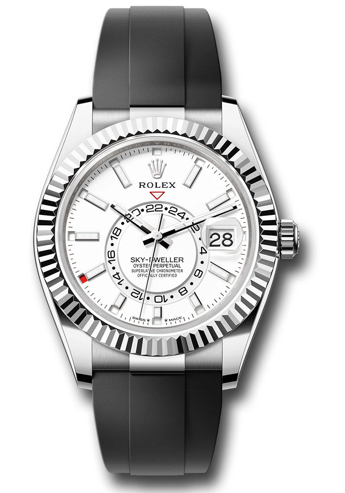 Rolex White Gold Sky-Dweller Watch - Fluted Ring Command Bezel - White Index Dial - Oysterflex Strap - 336239 wiof