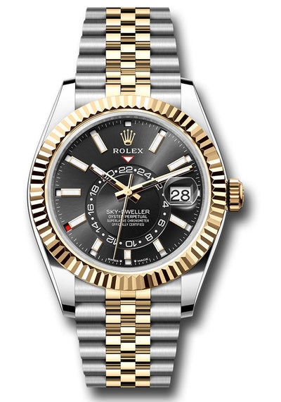 Rolex Yellow Rolesor Sky-Dweller Watch - Fluted Ring Command Bezel - Black Index Dial - Jubilee Bracelet - 336933 bkij