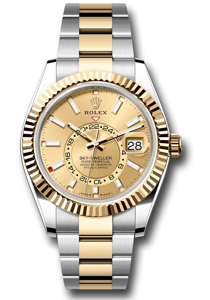 Rolex Yellow Rolesor Sky-Dweller Watch - Fluted Ring Command Bezel - Champagne Index Dial - Oyster Bracelet - 336933 chio
