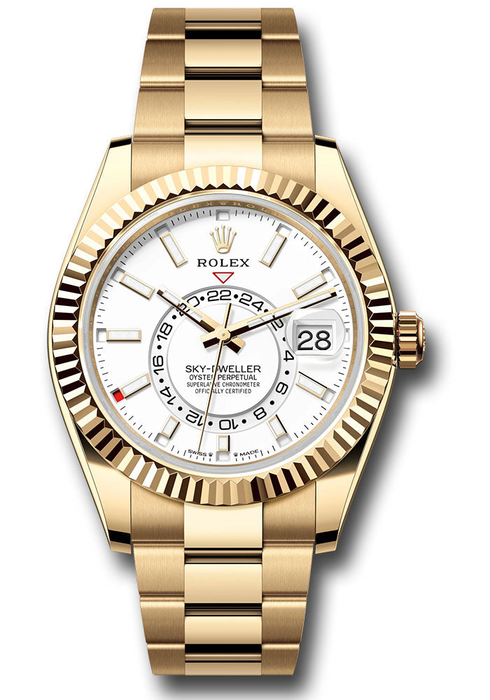 Rolex Yellow Gold Sky-Dweller Watch - Fluted Ring Command Bezel - White Index Dial - Oyster Bracelet - 336938 wio