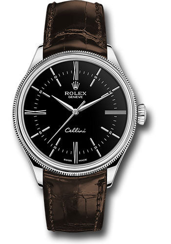 Rolex Cellini Time Watch - White Gold - Black Dial - Brown Leather Strap - 50509 bkbr