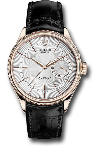 Rolex Cellini Date Watch - Everose - Silver Dial - Black Leather Strap - 50515 sbk