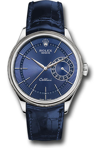 Rolex Cellini Date Watch - White Gold - Blue Dial - Blue Leather Strap - 50519 blbl