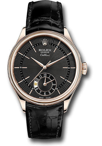 Rolex Cellini Dual Time Watch - Everose Gold - Black Dial - Black Leather Strap - 50525 bkbk