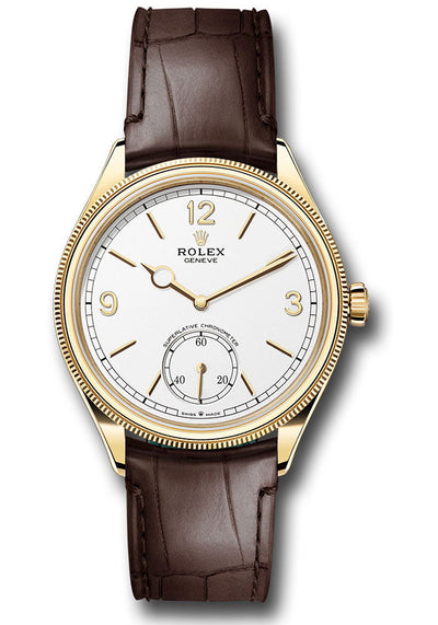 Rolex Yellow Gold 1908 Watch - Domed And Fluted Bezel - White Index Arabic Dial - Alligator Leather Strap - 52508 wbr