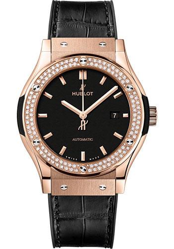 Hublot Classic Fusion King Gold Diamonds Watch - 42 mm - Black Dial - Black Rubber and Leather Strap-542.OX.1181.LR.1104