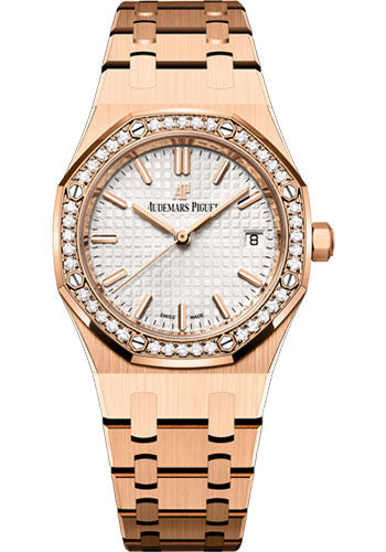 Audemars Piguet Royal Oak Self Winding Watch - 34mm Pink Gold Case - Diamond Bezel - Silver Dial - Bracelet - 77351OR.ZZ.1261OR.01