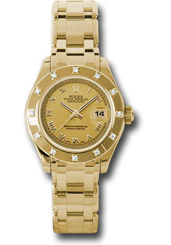 Rolex Yellow Gold Lady-Datejust Pearlmaster 29 Watch - 12 Diamond Bezel - Champagne Roman Dial - 80318 chr