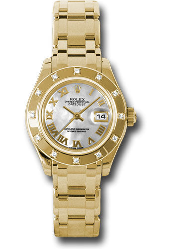 Rolex Yellow Gold Lady-Datejust Pearlmaster 29 Watch - 12 Diamond Bezel - Mother-Of-Pearl Roman Dial - 80318 mr