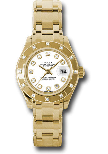Rolex Yellow Gold Lady-Datejust Pearlmaster 29 Watch - 12 Diamond Bezel - White Diamond Dial - 80318 wd