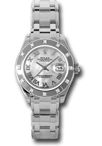 Rolex White Gold Lady-Datejust Pearlmaster 29 Watch - 12 Diamond Bezel - Mother-Of-Pearl Roman Dial - 80319 mr